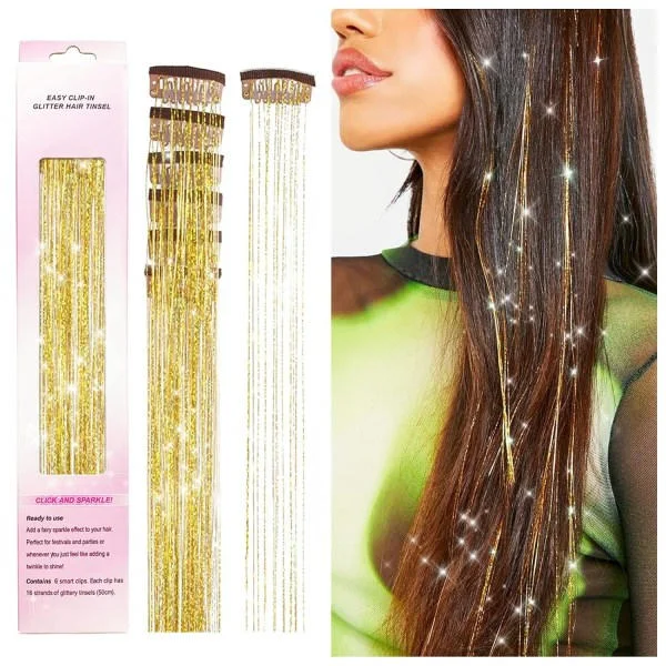 Clip in Hair Tinsel Kit, 6 stk. Glitter Fairy Tinsel Hair Extensions 20 tommer skinnende hårglitter Varmebestandigt (guld)