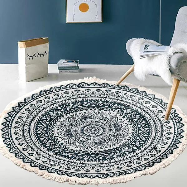 Vintage Boho Puuvillamatto Mandala-Kuvio Pesuohje Käsin Kudottu Bohemian Pyöreä Matto Fransuilla Makuuhuoneelle Käytävään Olohuoneeseen Kahvipöydän 