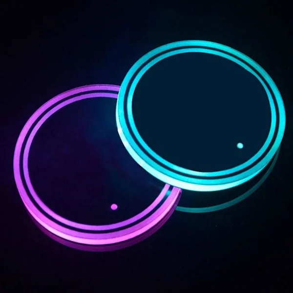 LED mugghållare, 2 st bilunderlägg med 7 färger lysande ljusplatta, USB-laddningsmatta