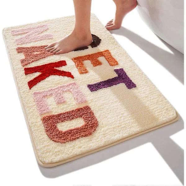 Bathroom Mat Pink and White, Bathroom Rugs 40 x 60 cm, Non-Slip Bathroom Mats, Colorful Letters Soft Microfiber Bathroom Mat