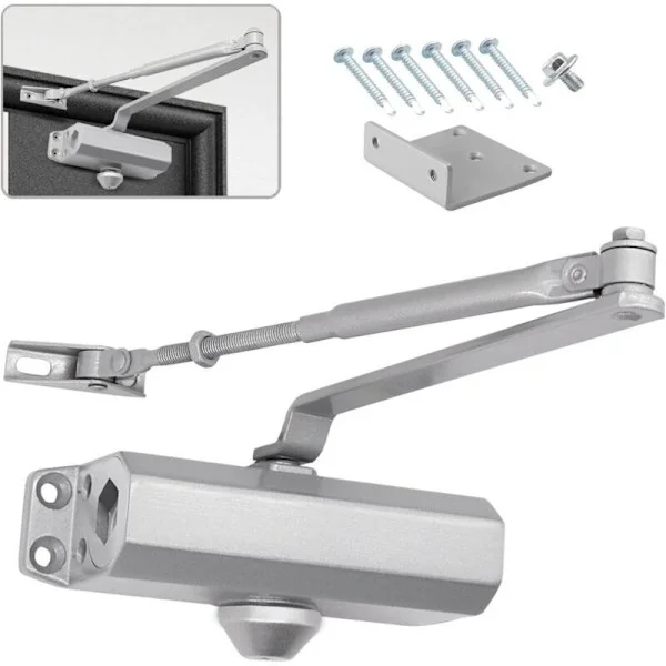 Automatisk hydraulisk dørpumpe med stop. Dørpumpe med justerbar fjeder. Lukket dæmper. Til erhverv Til døre, der vejer 25 til 45 kg (sølv).