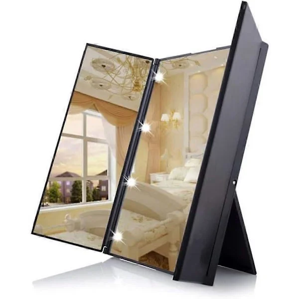 Unikt Tri-Fold Kosmetisk Makeup Spejl Rejse Kompakt Lomme Makeup Spejl med 8 LED Lys Batteri Inkluderet - Sort