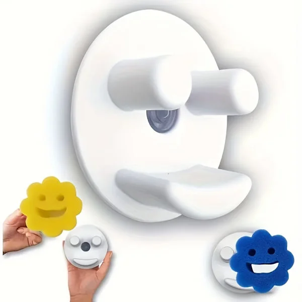 Smiley Face Svampholder – Selvdrenerende Hvit Vaskekaddy, Veggmontert eller Benkeplate – Kjøkken- og Baderomsorganisering i Plast