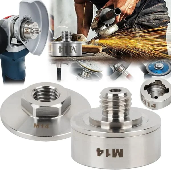 Tilbehør til vinkelsliper, M14 X-Lock adapter med M14 låsemutter for låsing på M14 gjenger, anvendelig adapter i rustfritt stål for vinkelsliper 