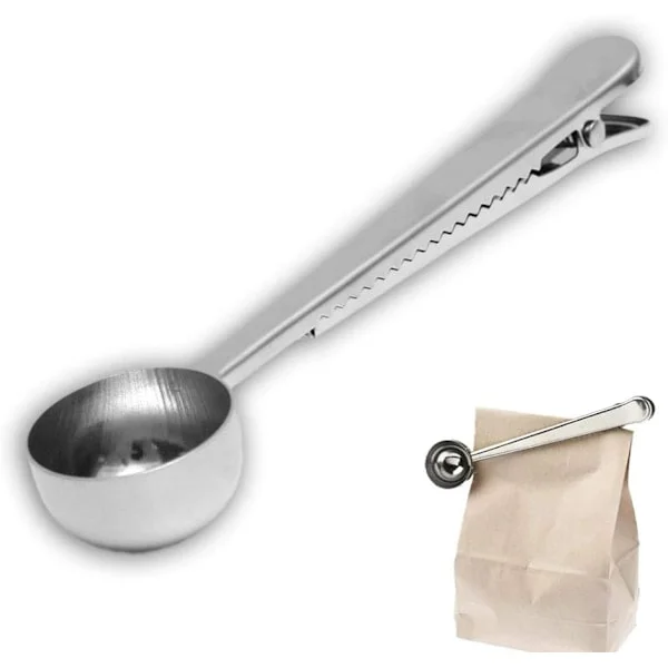 Kaffeskje med poseklype, kaffeskje måling, for malt kaffe og bønner, rustfritt stål