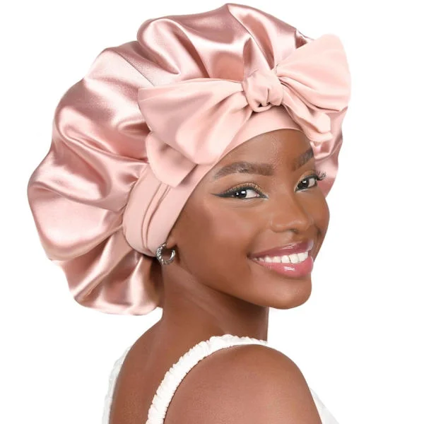 Satin Bonnet Silke Bonnet til Sovning Dobbeltlags Satinforet Hår Bonnet Med Bånd Bonnets til Kvinder Naturligt Krøllet Hår pink