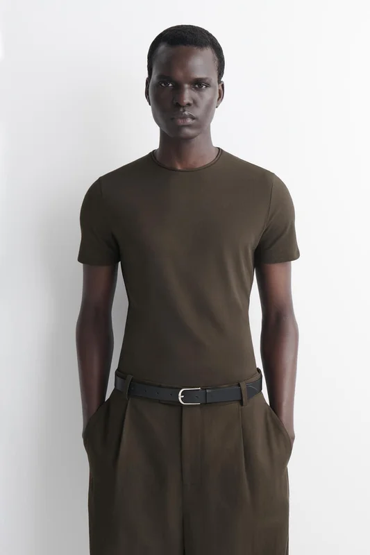 COS Men's Slim-Fit Cotton Crepe Lightweight T-Shirt in Brown