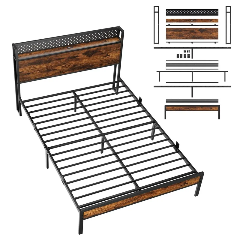 AliExpress - Doppelbettgestell aus Metall 140x200cm / 140×190cm Braun – mit LED und 3 USB-Anschlüssen & 1 Typ-C-Anschluss am Kopfteil mit Stauraum – 