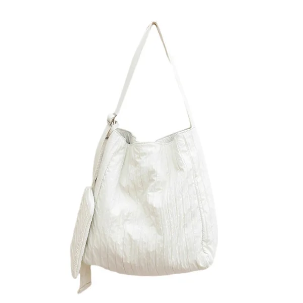 Women's Korean Casual Solid Color Shoulder Bag Pleated Striped Canvas Large Capacity Crossbody Bag with Small Pocket White White White