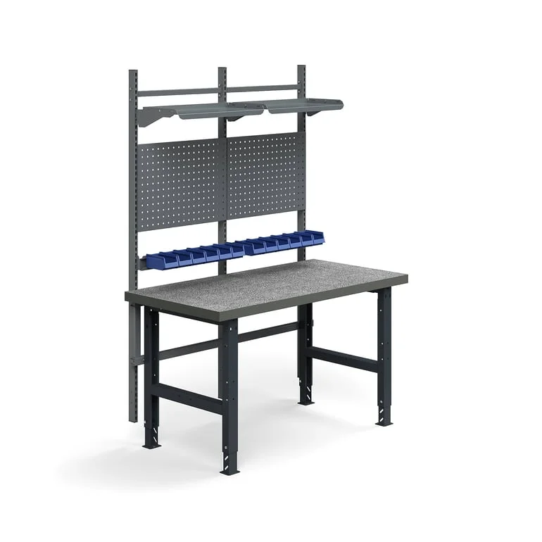 Komplett arbeidsbord, verktøytavler, plastbakker, hyller, L1500 B760 mm, vinyl