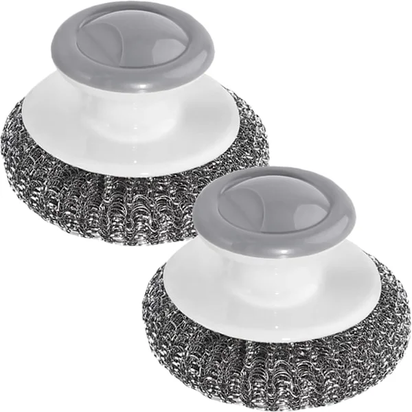 2-pak Ståluldsskrubber med Håndtag, Rustfri Stålskrubber til Rengøring af Støbejern, Tallerkener, Gryder, Pander, Bageplader, Griller