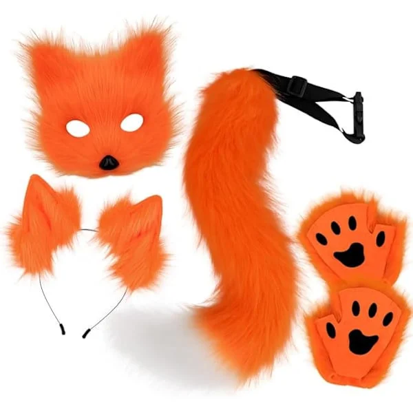 (SC) Plush Mask with Fox Tail and Ears Set, Cat Tail Fox Costume Cosplay Costume with Cat Ears and Paw Gloves Halloween Cosplay Orange