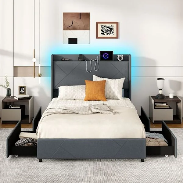 COSTWAY Säng 140 x 200 cm 2 Platser med LED-belysning, Förvaringshuvudgavel, Laddstation, 4 Lådor på Hjul, 2 Fickor