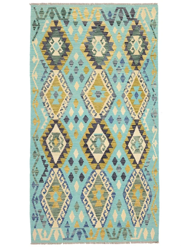 Orientalsk Kelim Afghan Old Style Teppe 108X200 Grønn/Mørk Grønn Ull