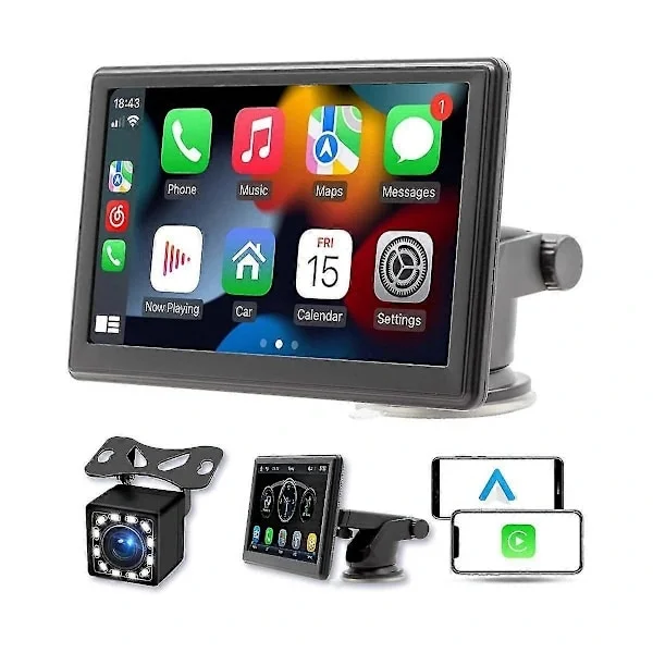 Bærbar Trådløs Carplay Skærm til Instrumentbræt, 7 Tommers Touchskærm Bilstereo Bluetooth, FM Bilradio, Bakkamera, USB