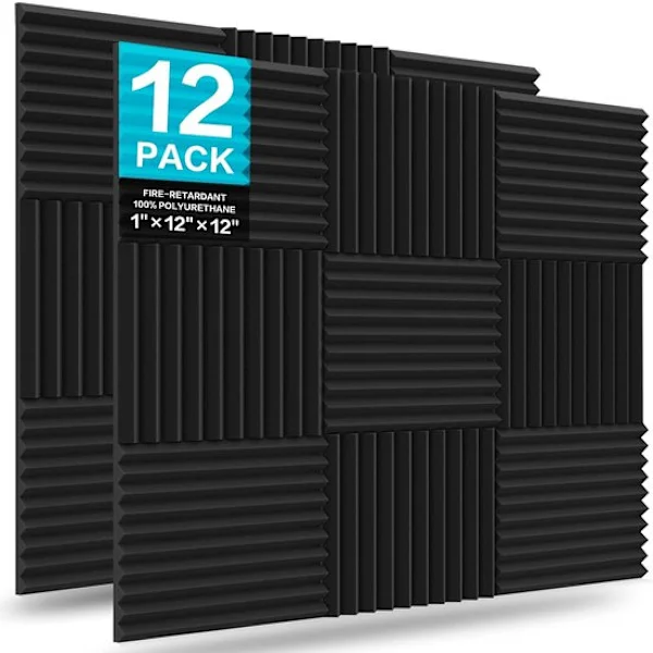 Selvklebende Lydabsorberende Skumplater – Høy Tetthet (25 kg/m³) – 2,5 cm Tykke – 30x30 cm – For Musikkstudioer og Spillrom – 12-pakning (Svart)