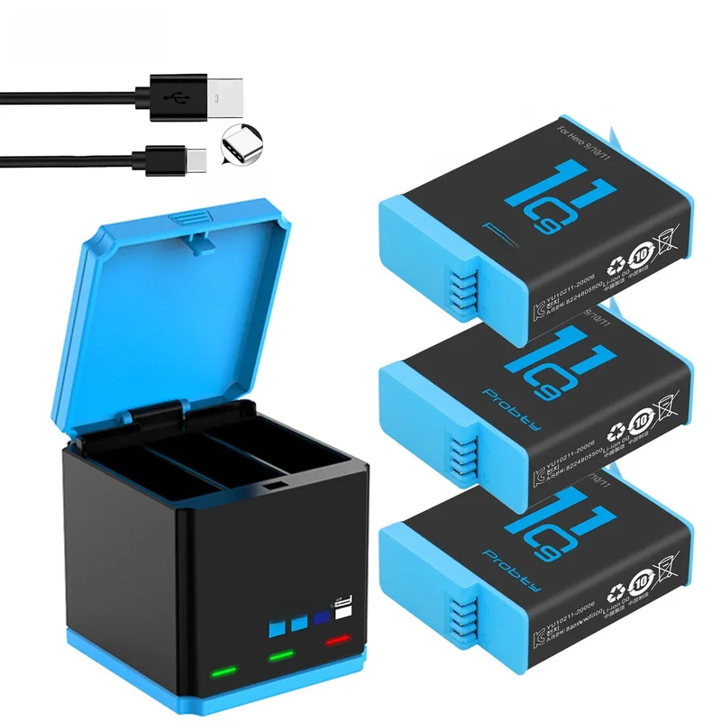AliExpress - Batterie 1850mAh pour GoPro hero 10 + chargeur LED à 3 emplacements avec Port type-c pour GoPro Hero 12 Go Pro 10 hero 11 hero 9 caméras 