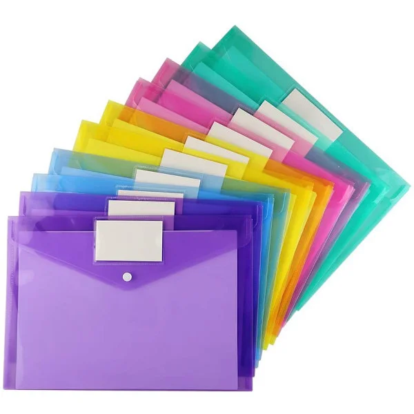 10-pack A4 Plastkuvert Poly Snap Filväska - Dokumentförvaring, Färgglad