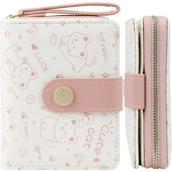 Cat-themed wallet, small and cute wallet, minimalist cat design, travel wallet for women, leather credit card holder with ID window. Pink Pink