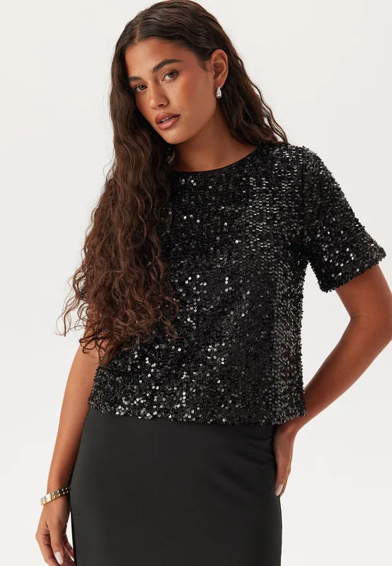 Pieces-Pcserena Sequin Ss O-neck Top-Black Detail:Black sequins-XS