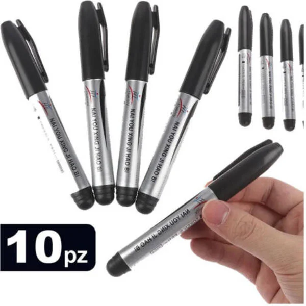 Set of 10 Black Permanent Markers for Glass, Metal, School, Office
