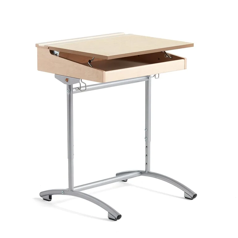 Height-adjustable school desk ACCESS, 650x550 mm, silver, beige sound absorbent linoleum
