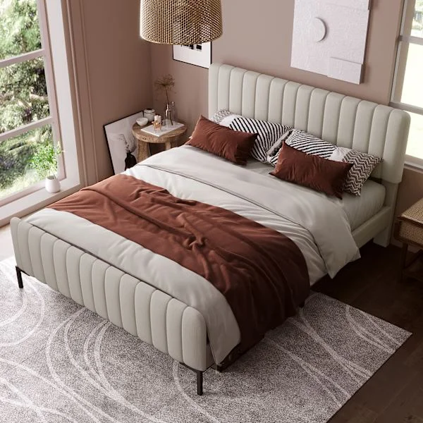 Sängram med ribbotten och justerbar huvudgavel, stoppad säng i grå-beige, stoppad dubbelsäng 160 x 200 cm, ungdomssäng lämplig för sovrum och gästrum