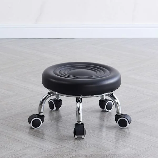 Rullpall Läder Låg Rund Rullande Pall med Hjul Hemmakontor Garage Verkstad Fitness Sport, 24cm (Svart)