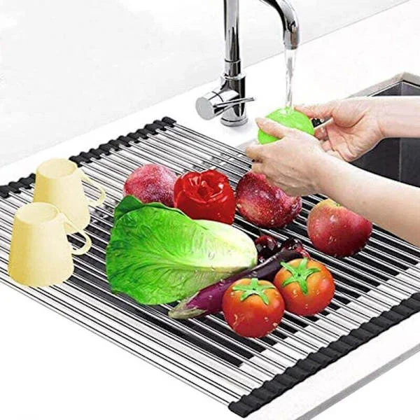 Roll-Up Dish Drying Rack, Roll-Up Dish Drainer, Drying Grid, Foldable Stainless Steel Dish Rack, Sink Drainer, 43x35cm-Enlé