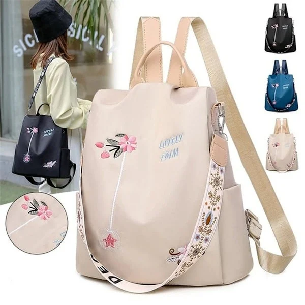 Floral Embroidered Backpack for Women, Waterproof Oxford Print School Bag