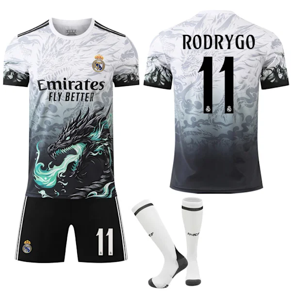 24-25 Real Madrid Dragon Pattern Special Edition Drakter NO.11 RODRYGO Skjorter Barn Voksen Fotballutstyr med Sokker