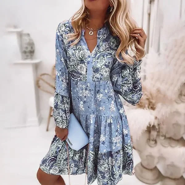 Kvinnor sommar långärmade klänningar Blommigt print strand Miniklänning