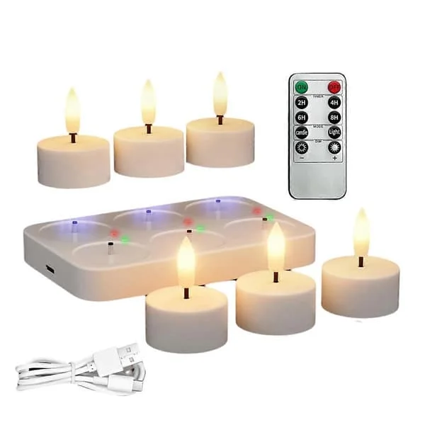 Uppladdningsbara Flamlösa Värmeljus med Laddstation 6st Batteridrivna Värmeljus med Fjärrkontroll & Timer (FMY)
