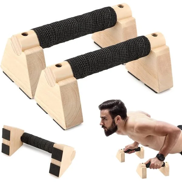 Push-up ramme i tre og invertert parallelstang, push-up håndtak i heltre med sklisikker base for kroppsvektstrening og styrketrening.