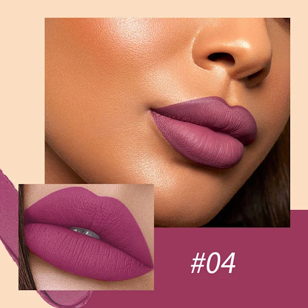 Matt läppstift, sammetsläppglans, nude läppstift, mauve läppfärg, 6 färger, långvarigt och vattentätt.