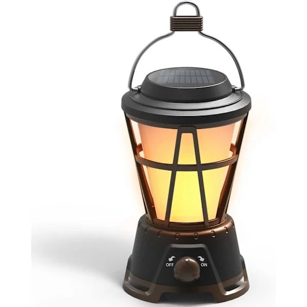 Solarlampe Camping, Oppladbar Retro Lanterne Dimbar Lampe med Flammer, Vanntett Bærbar Utendørs Lampe for Hage, Gård, Innendørs og Utendørs Dekor