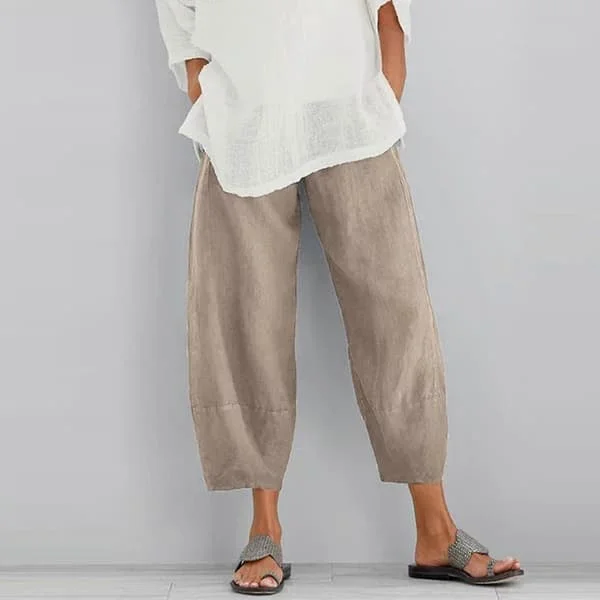 【BQ】Women's Summer Casual Loose Cotton Linen Solid Color Wide Leg Pants Beige