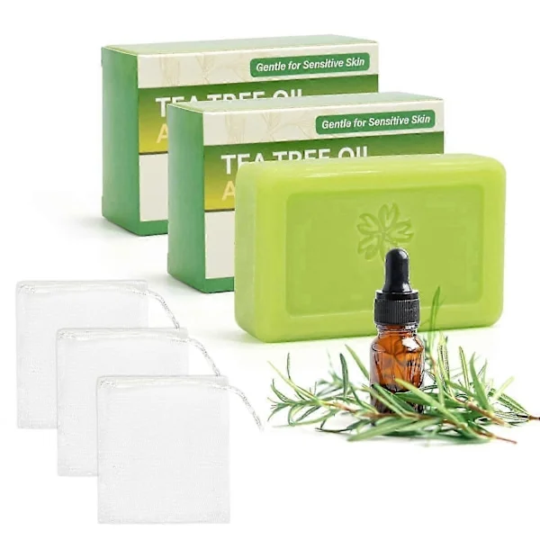 【BQ】3 STK Tea Tree Antifungal Såpestykke, Naturlig Tea Tree Olje Såpe for Ansikt Kropp Hånd - Bekjemper Akne, Lindrer Sopphud, Kontrollerer Olje, 