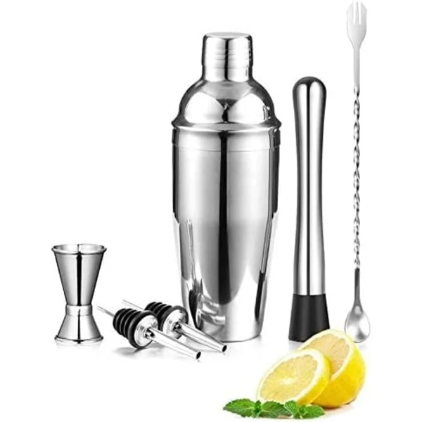 Cocktailmixset, 6-delat barset, Premium barset: Martinishaker, Jigger, Rörsked, Muddler, 2 Hällpipar; Barverktygsset med inbyggd sil