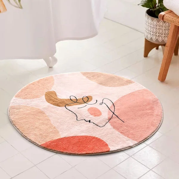 Cute Pink Round Bathroom Rugs 60 cm Faux Wool Soft Fluffy Circle Bath Mat with Rubber Backing Modern Abstract Aesthetic Art Patterned Bathroom Mat Non