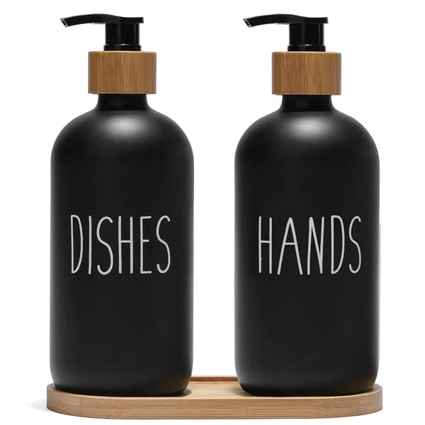 Glass Soap Dispenser Set, Dish Soap Pump for Kitchen Sink, Hand Soap Pump for Bathroom with Bamboo Pump and Soap Dish, Farmhouse Style Decor