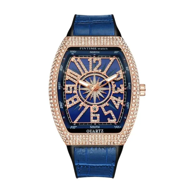 Men's Watch Luxury Diamond Iced Waterproof Quartz Wristwatch Blue Silicone Band Party Casual Dress Watches