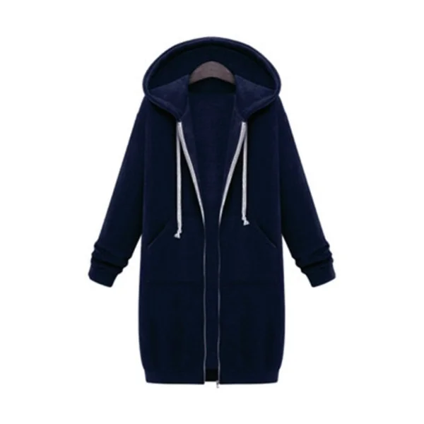 Dam Hoodie Sweatshirt Jacka med Dragkedja, Lång, Plus Size Marinblå{FY}