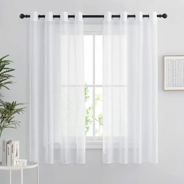 Hvite, transparente gardiner, sett med 2 korte gardiner 132 x 160 cm, hjemmedekorasjon soverom kjøkken, organza tyll med maljer, transparent lysfilter