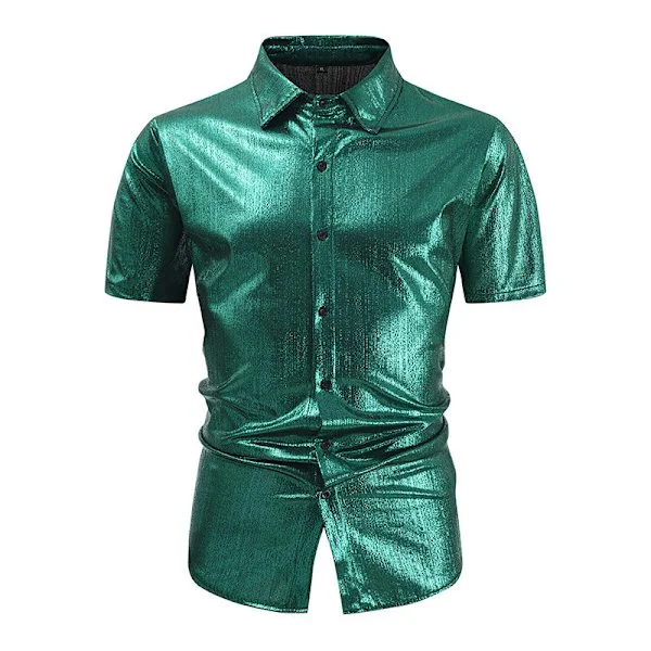 Afslappet kortærmet herre poloshirt med glimmer og pailletter, 70'er disco natklub festskjorte toppe