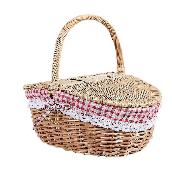Picnic-kurv i landlig stil, flettet med lokk og håndtak, foret, for pikniker, fester og grilling