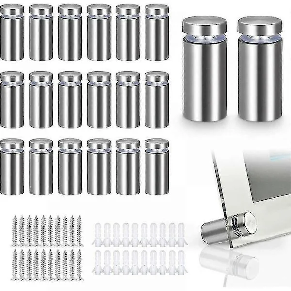 20 stk. Glassdistansestykker, veggfeste i rustfritt stål for reklameskilt, for plater og skiltdisplayer (sølv)