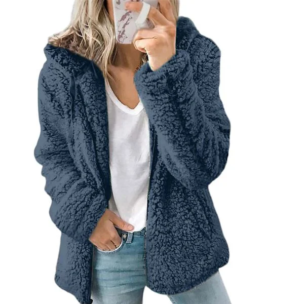 Fleece Fluffy Hoodie Women's Long Sleeve Jacket Winter Warm Teddy Cardigan Blue