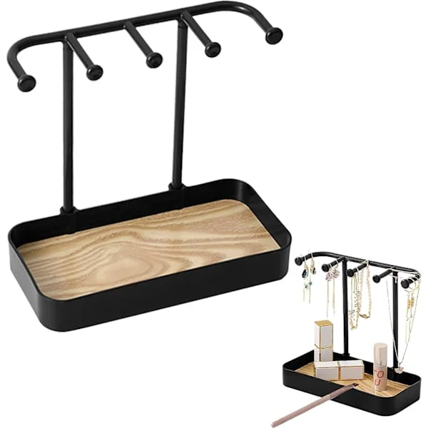 Jewelry Stand, Necklace Holder with Wooden Tray, Jewelry Display with Hooks for Necklaces, Bracelets, Earrings, Rings, Keys