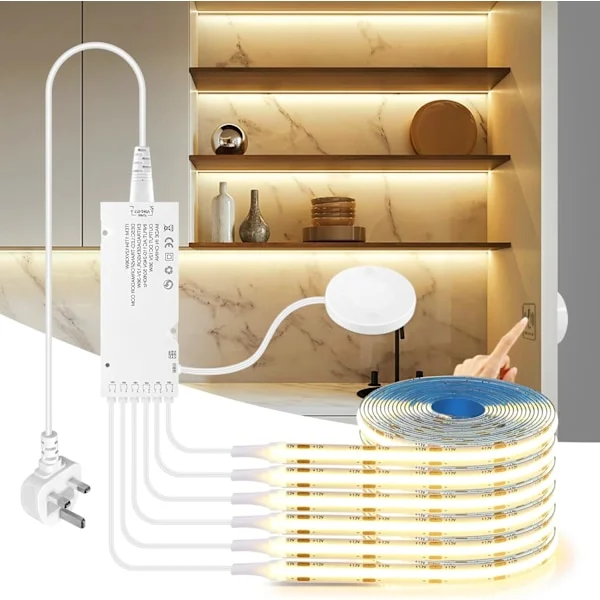 12V COB LED-list, 6 st 1M Varmvit COB LED-list med touch- och handvågsdimmerbrytare för skåp, vitrinskåp, köksbelysning